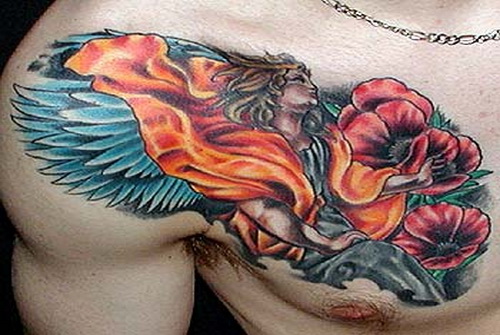 Flower and Angel Chest Tattoos for Men