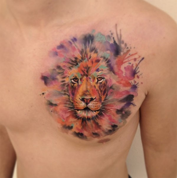 Lion tattoo on chest colorful