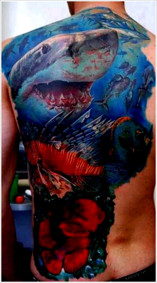 Huge shark tattoo design on back for men