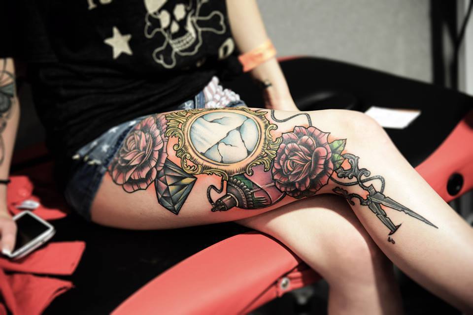 Evergreen flower watch tattoo girl thigh 2015