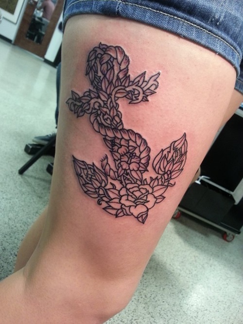 Flowers Anchor Tattoo Design for Women on Thigh