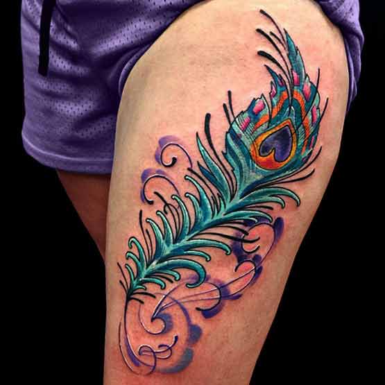 Peacock Feather Tattoo On Girls Thigh