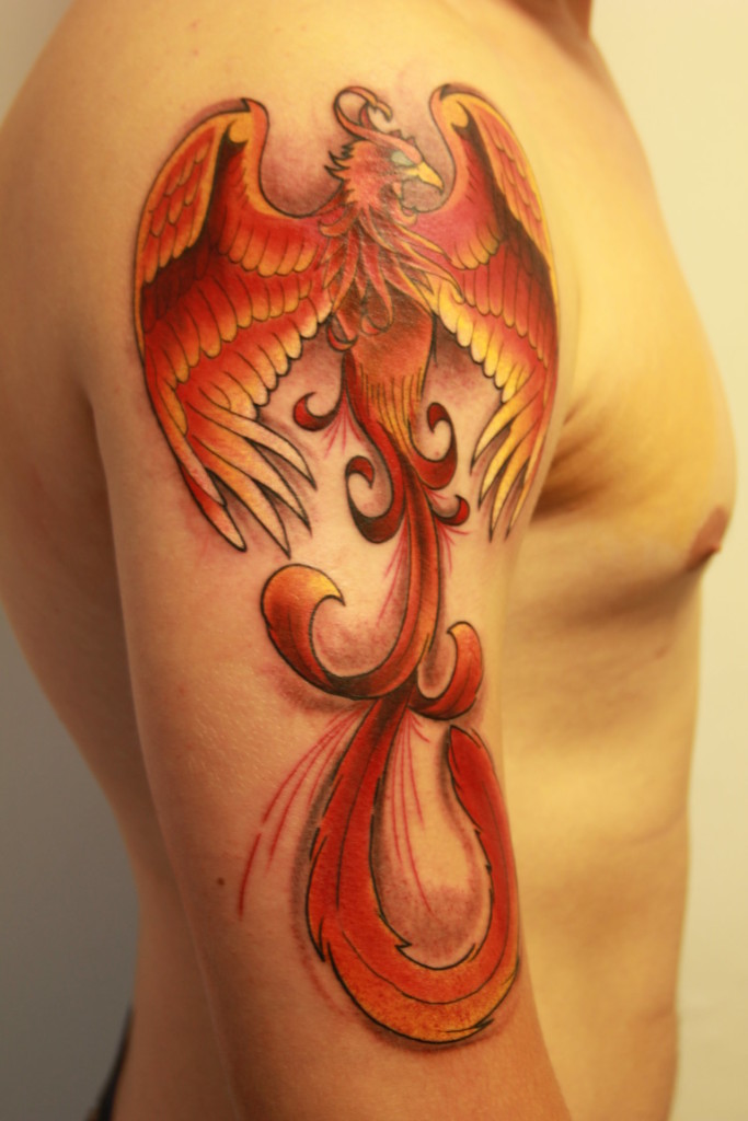 Permanent Phoenix Tattoo Design for men in arm