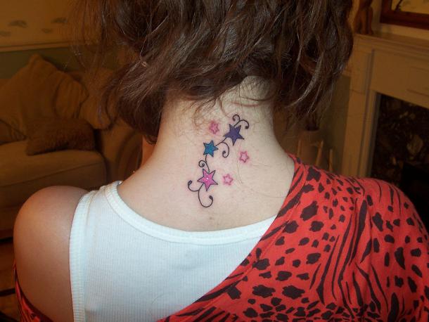 Star tattoos on neck flowers butterfly